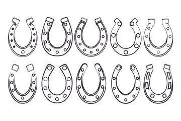 Set of Horseshoe Vector Illustrations, Collection of Lucky Horseshoe Icons, Black and White Outline Clipart Isolated on White Background
