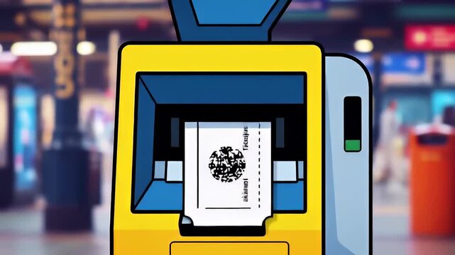 Yellow and blue cartoon-style ticket vending machine at a blurred public transport station