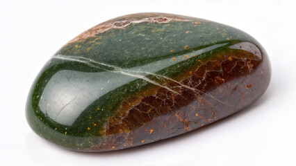shows a polished stone with a greenish hue and brownish-red veins running through it. The stone has a smooth, glossy surface with some small imperfections and specks of dirt.