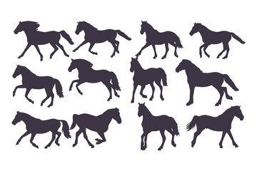 Set of Horse Silhouettes Vector Illustration, Collection of Running and Standing Horses, Black Animal Icons Isolated on White Background