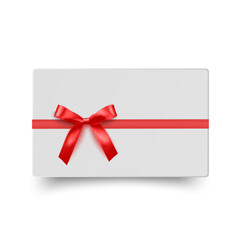 Gift card with realistic red bow Vector illustration