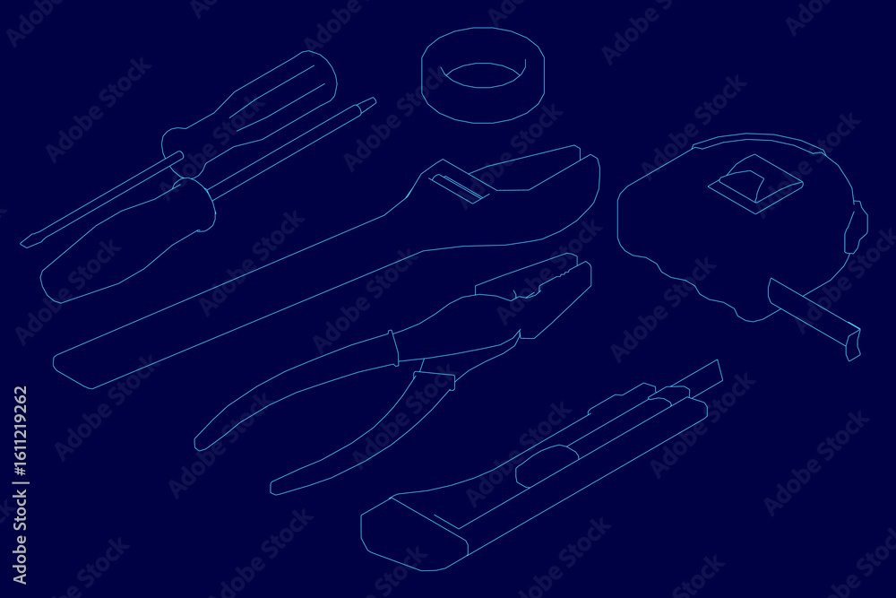 Aufkleber a set of tools in blueprint style includes a wrench, screwdriver, and pliers arranged neatly on a bl
