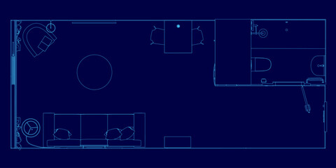Blueprint of a studio apartment featuring a bed, desk, and chair with precise furniture placement. The contour lines highlight the bed size, window positions, and door locations.