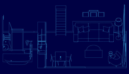 Blueprint of a modern living room featuring a sofa, table, and bathtub with clean contour lines on a blue studio background. The design includes a lamp, chair.