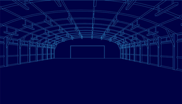 A detailed warehouse blueprint with blue background displays the interior layout and structural contours. The technical drawing includes labeled sections, precise measurements.