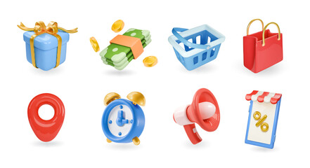 Set of 3d realistic shopping vector icons, promoting vector icons isolated on white background. Megaphone, timer, discount, smartphone shop, store, pointer, sale bag, gift