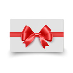 Gift card with realistic red bow Vector illustration