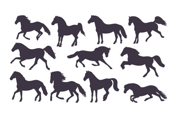 Set of Horse Silhouettes Vector Illustration, Collection of Running and Standing Horses, Black Animal Icons Isolated on White Background