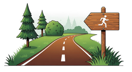 Cartoon running trail sign illustration in nature drawing for outdoor activity and sports 100 on transparent background