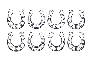Set of Horseshoe Vector Illustrations, Collection of Lucky Horseshoe Icons, Black and White Outline Clipart Isolated on White Background