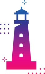 Black and white lighthouse icon with waves in a circular design.