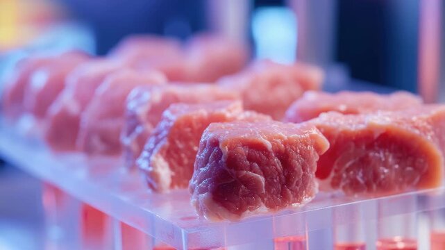 Close up of raw pork steaks on a table, with various cuts and textures. Meat presentation for cooking or serving.