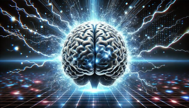 A glowing human brain with intricate neural folds, radiating an intense blue-white energy aura