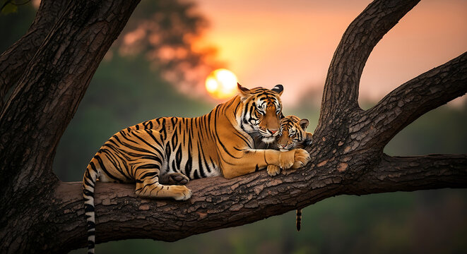 A majestic tiger and its adorable cub share a tender moment on a tree branch against a breathtaking sunset backdrop, showcasing the beauty of wildlife