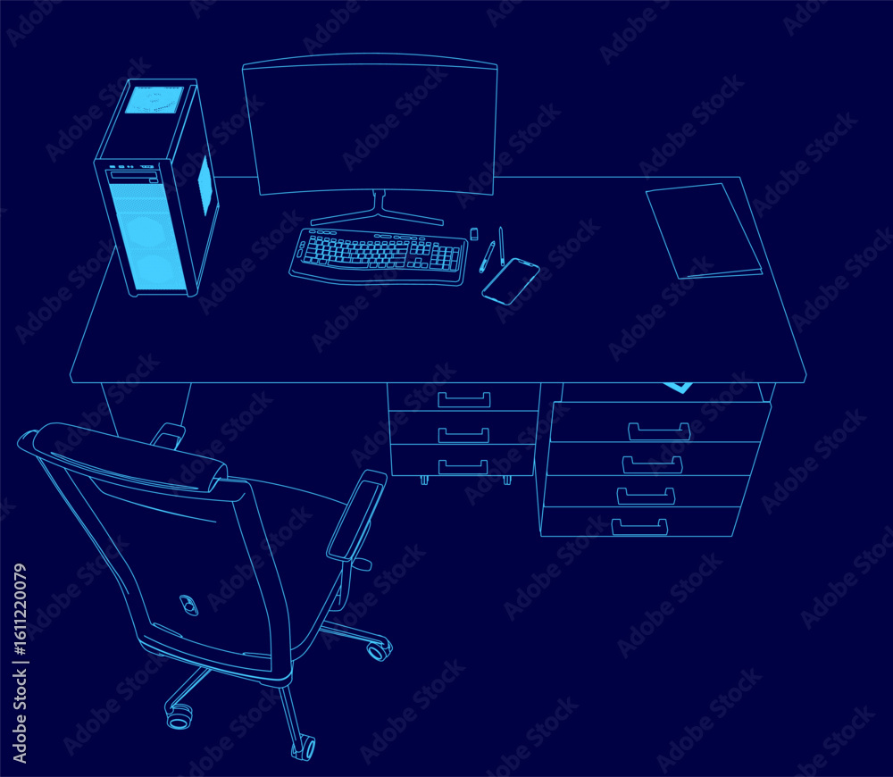 Poster a modern computer desk with a monitor, keyboard, mouse, and cpu arranged neatly for productivity. a 