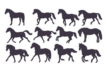 Set of Horse Silhouettes Vector Illustration, Collection of Running and Standing Horses, Black Animal Icons Isolated on White Background