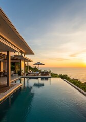 Fototapeta premium Luxury villa with infinity pool overlooking the ocean at sunset epitomizes paradise escape