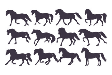 Set of Horse Silhouettes Vector Illustration, Collection of Running and Standing Horses, Black Animal Icons Isolated on White Background