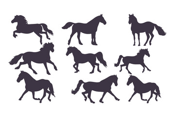 Set of Horse Silhouettes Vector Illustration, Collection of Running and Standing Horses, Black Animal Icons Isolated on White Background