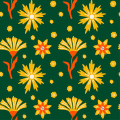 Tropical summer floral plants seamless vector pattern with colorful abstract exotic flowers illustration elements in cartoon funky groovy boho style for wrapping paper, textile, wallpaper, fabric
