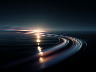 Dynamic light trails over water creating a sense of speed, movement, and futuristic energy
