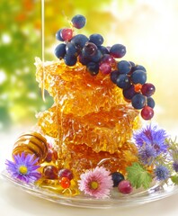 Honeycomb with berries and flowers on a plate in natural setting  
