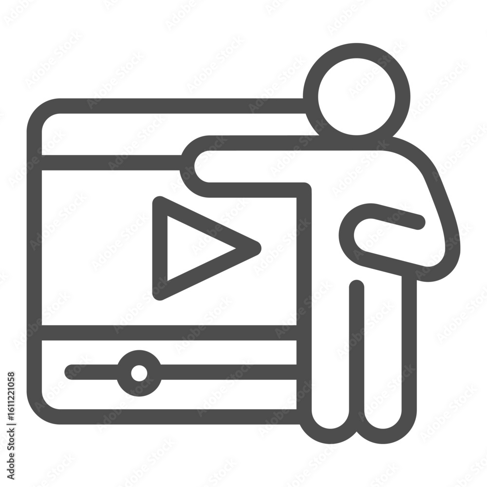 Poster blogger person and a video with play button line icon, osint analytics concept. vector graphics. man