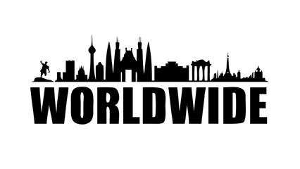 Silhouette illustration of iconic landmarks from London, Paris, Rome, and Tokyo.