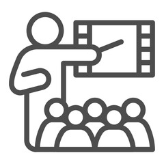 Lecturer man with pointer and video line icon, osint analytics concept. Vector graphics. Teacher with audience, study sign on white background, outline style icon for mobile or web design.