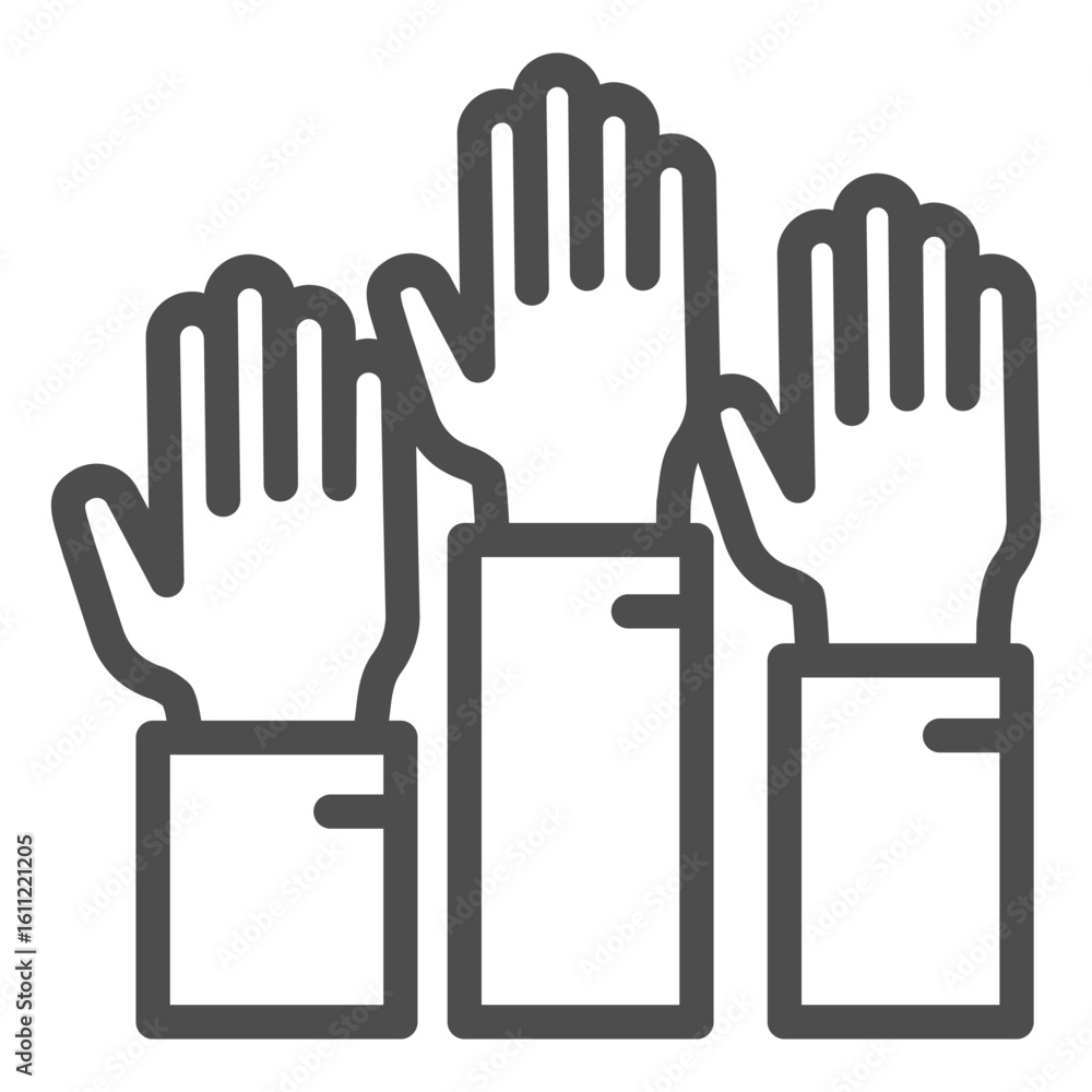 Poster raised up hands line icon, osint analytics concept. vector graphics. three hands, voting sign on whi