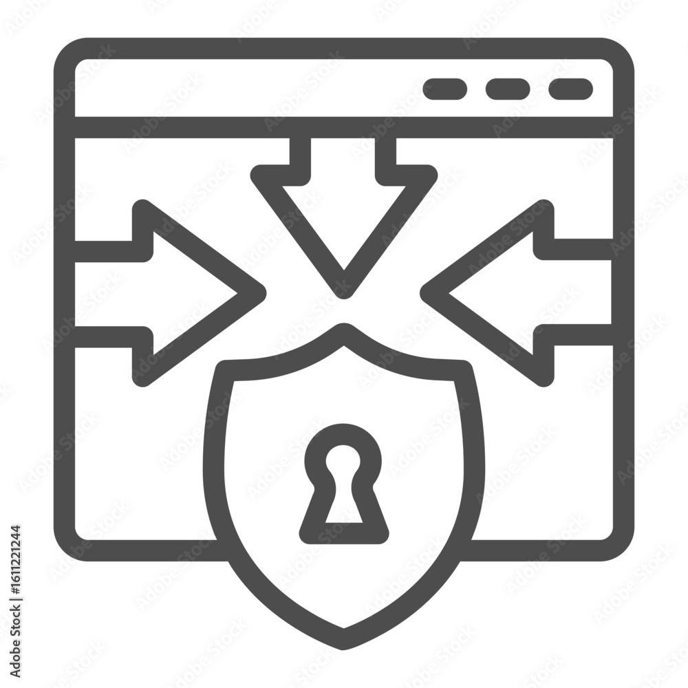Aufkleber website and arrows at shield with keyhole line icon, osint analytics concept. vector graphics. priva