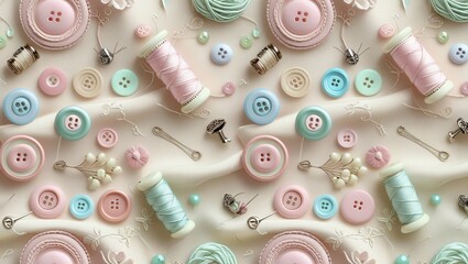 Seamless pattern of sewing supplies like buttons, thread spools, and pins in pastel colors on a creamy fabric background