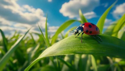 Obraz premium Photorealistic close-up of a ladybug lying on a green leaf, taken with a lens, with sharp focus and a blurred background, showcasing vibrant bright colors.