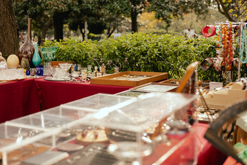 Flea market in Lisbon. Garage sale, reuse the clothes, second hand and eco consumer