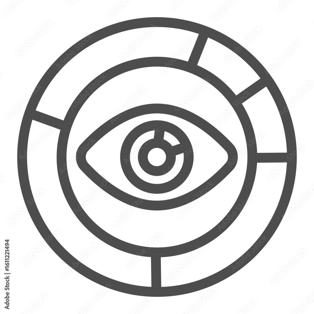 Poster diagram pie info with human eye line icon, data analytics concept. vector graphics. eye on informati