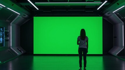 Rear view of woman standing in futuristic hallway facing green screen with digital display panel nearby - Powered by Adobe