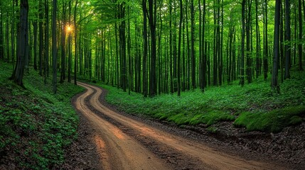 Obraz premium Path winds through a lush green forest