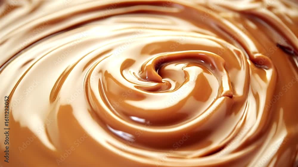 Poster glossy caramel liquid creating mesmerizing swirling pattern, dancing and reflecting light with smoot