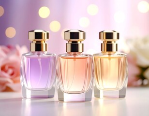 Elegant perfume bottles displaying an assortment of luxurious fragrances. Artfully arranged with soft, romantic lighting and delicate floral background, evoking refined beauty