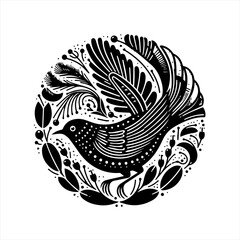 Ornate bird in a circle of leaves