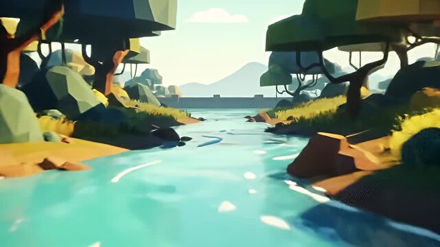 Polygon style river flowing through a landscape with trees and vegetation on riverbanks