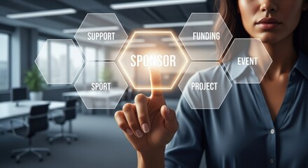 Woman's Finger Interacts with Futuristic Digital Interface Displaying Sponsorship Concepts