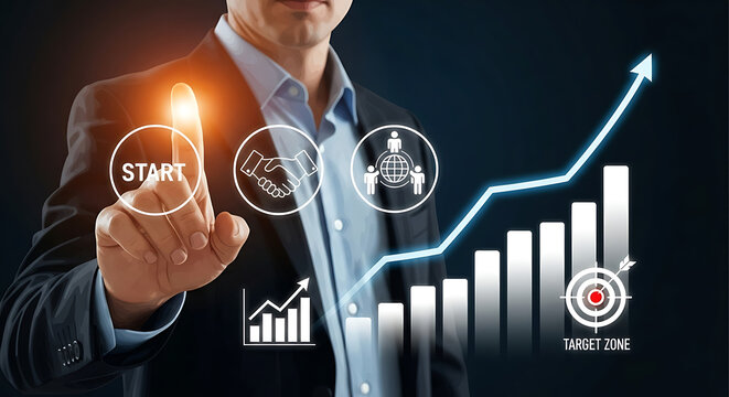 A professional businessman in a suit is pointing his finger towards a glowing button that says start representing the beginning of a new venture or project aiming for business growth and success