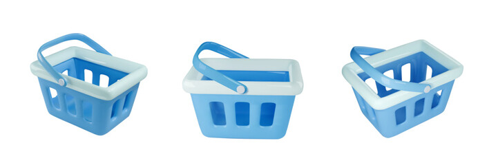 3d realistic blue shopping cart set. Empty shopping basket collection. Plastic market shop bag. 3D Render. Vector illustration © lightgirl