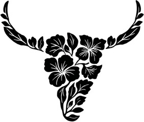 Floral Cow Skull SVG – Western Boho Bull Head Silhouette with Flowers and Leaves © VS Photography