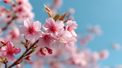 Obraz premium Cherry blossom background full spring bloom with pink flowers and a clear blue sky vibrant seasonal background for romance Japan travel or nature visuals