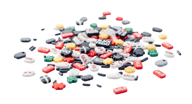 A scattered assortment of promotional sale themed decorations .ai generative, transparent background, white background. isolated on white background