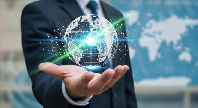 Businessman holding a glowing digital sphere with a world map background