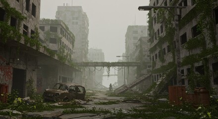 Overgrown Abandoned City Street with Crumbling Buildings on Foggy Day