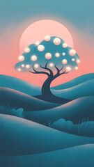 landscape with clouds,tree in the desert,Stylized 2D vertical illustration with vibrant color play. Rolling textured hills in cool tones sit beneath a pastel pink moon. The gradient sky fades from oce